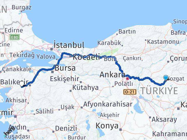Yozgat İvrindi Balıkesir Arası Kaç Km - Yol Haritası