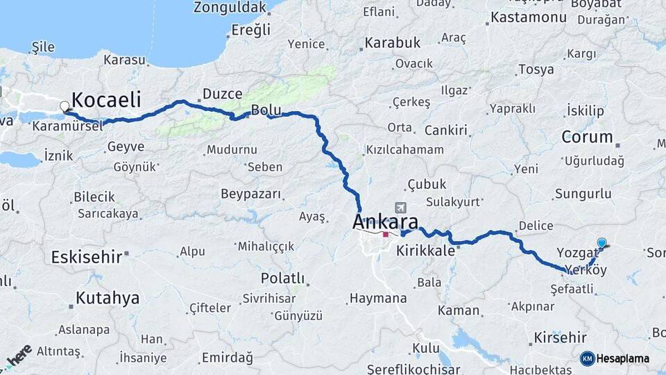 Yozgat İzmit Kocaeli Arası Kaç Km - Yol Haritası