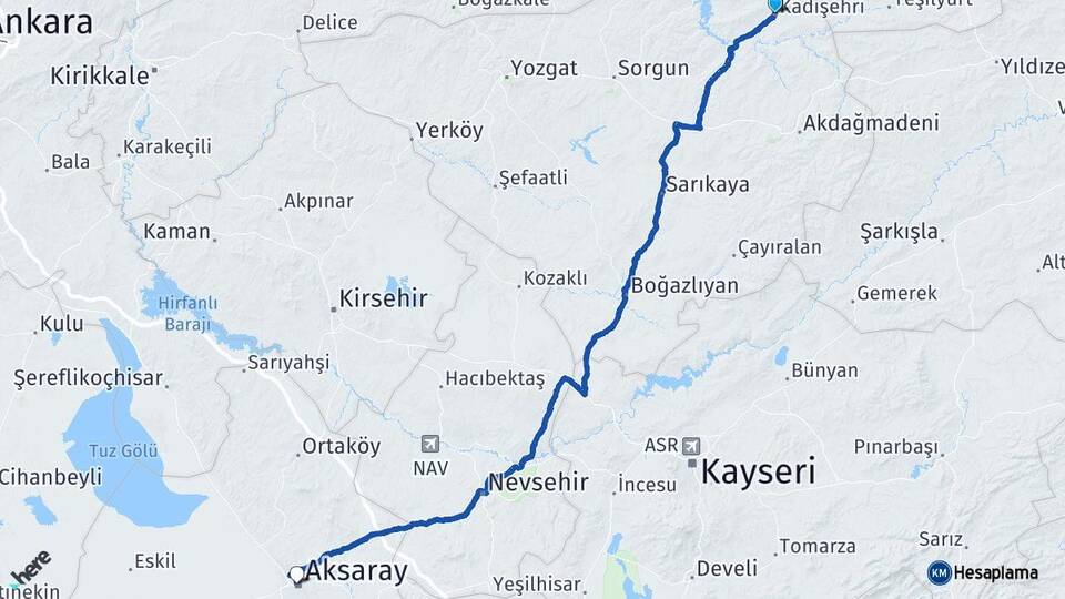 Yozgat Kadışehri Aksaray Arası Kaç Km - Yol Haritası