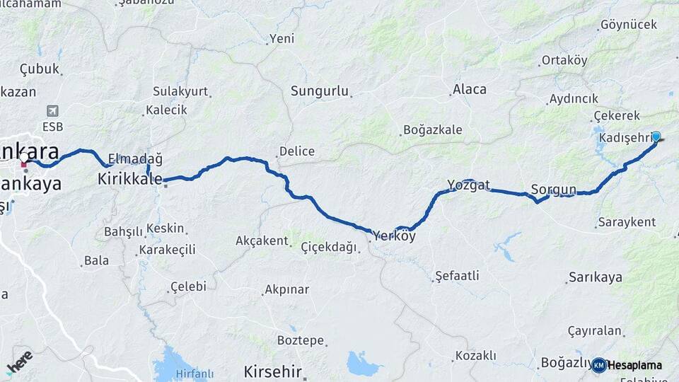 Yozgat Kadışehri Ankara Arası Kaç Km - Yol Haritası