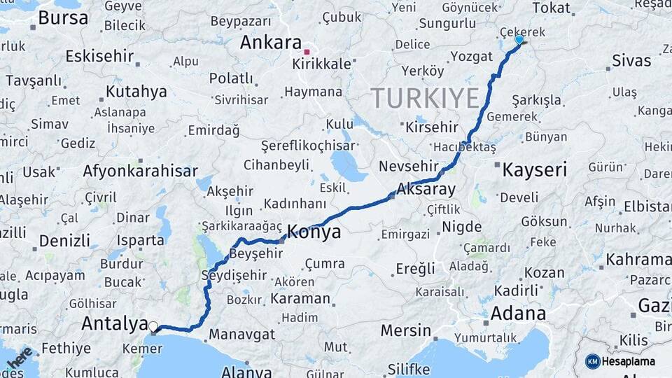 Yozgat Kadışehri Antalya Arası Kaç Km - Yol Haritası