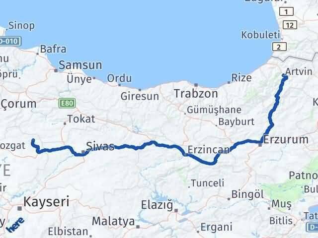 Yozgat Kadışehri Artvin Arası Kaç Km - Yol Haritası