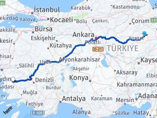 Yozgat Kadışehri Aydın Arası Kaç Km - Yol Haritası