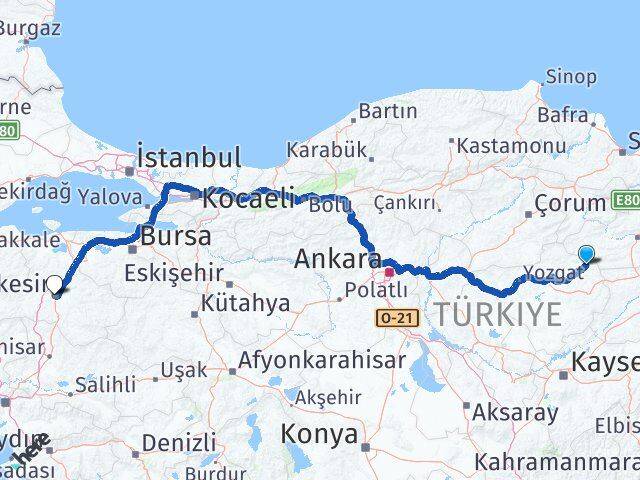 Yozgat Kadışehri Balıkesir Arası Kaç Km - Yol Haritası