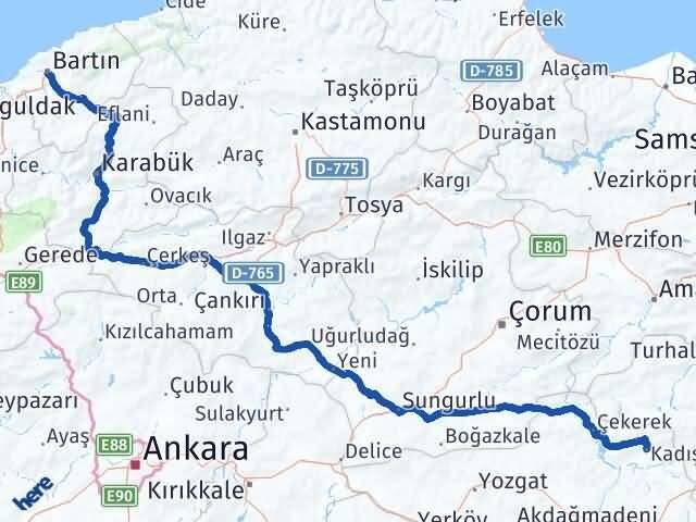 Yozgat Kadışehri Bartın Arası Kaç Km - Yol Haritası