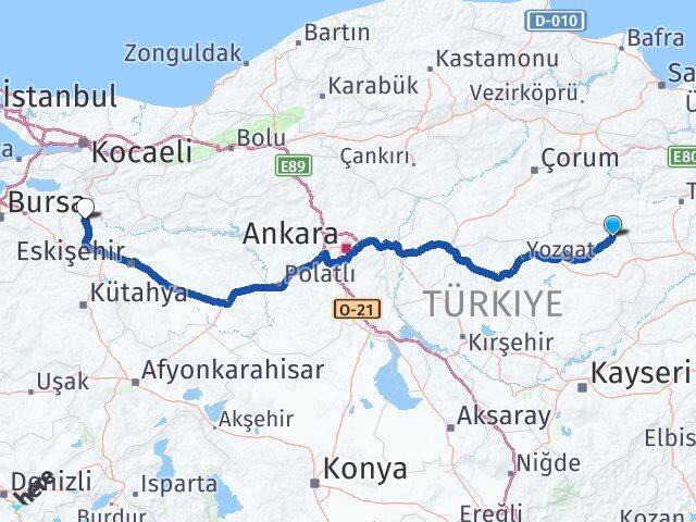 Yozgat Kadışehri Bilecik Arası Kaç Km - Yol Haritası