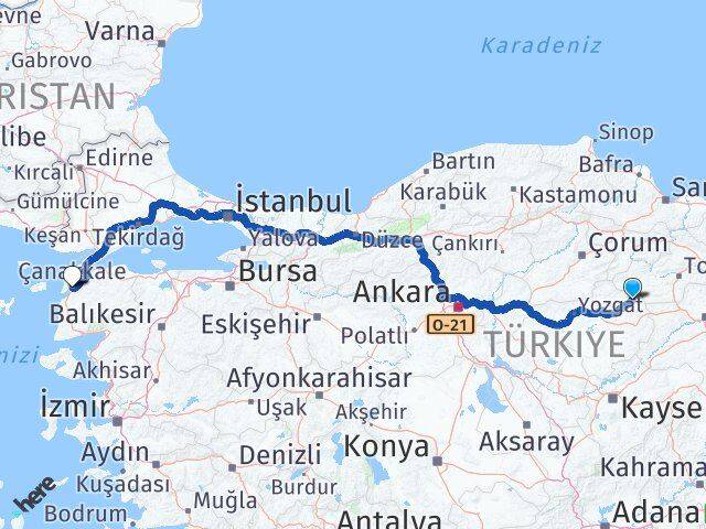 Kadışehri Çanakkale Arası Kaç Km - Yol Tarifi