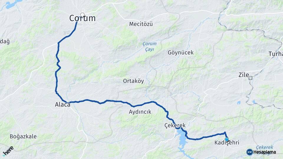 Yozgat Kadışehri Çorum Arası Kaç Km - Yol Haritası