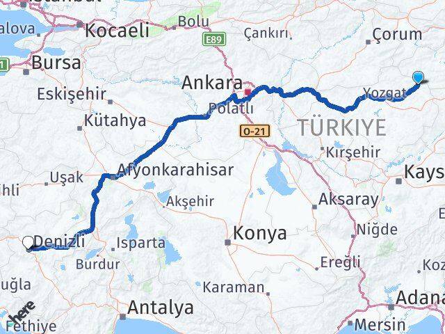 Yozgat Kadışehri Denizli Arası Kaç Km - Yol Haritası