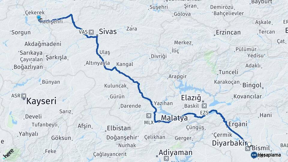 Yozgat Kadışehri Diyarbakır Arası Kaç Km - Yol Haritası