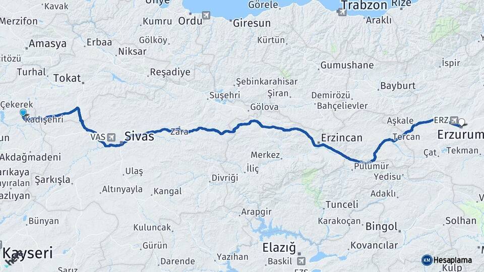 Yozgat Kadışehri Erzurum Arası Kaç Km - Yol Haritası