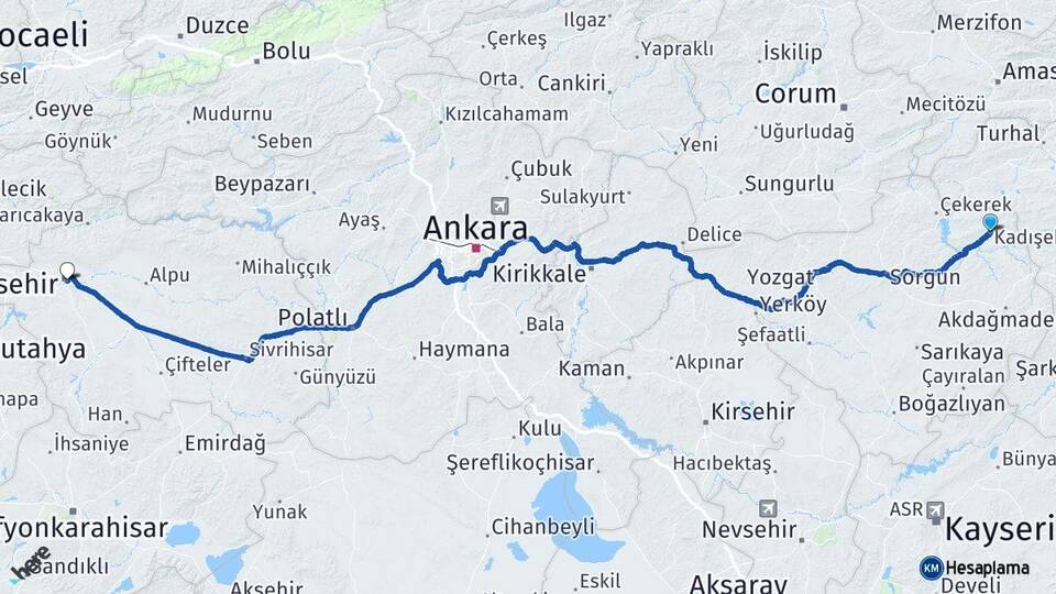 Yozgat Kadışehri Eskişehir Arası Kaç Km - Yol Haritası