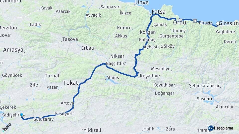 Yozgat Kadışehri Giresun Arası Kaç Km - Yol Haritası