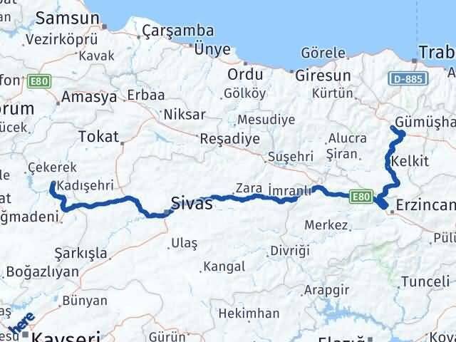 Yozgat Kadışehri Gümüşhane Arası Kaç Km - Yol Haritası