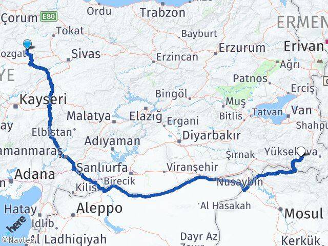 Yozgat Kadışehri Hakkari Arası Kaç Km - Yol Haritası