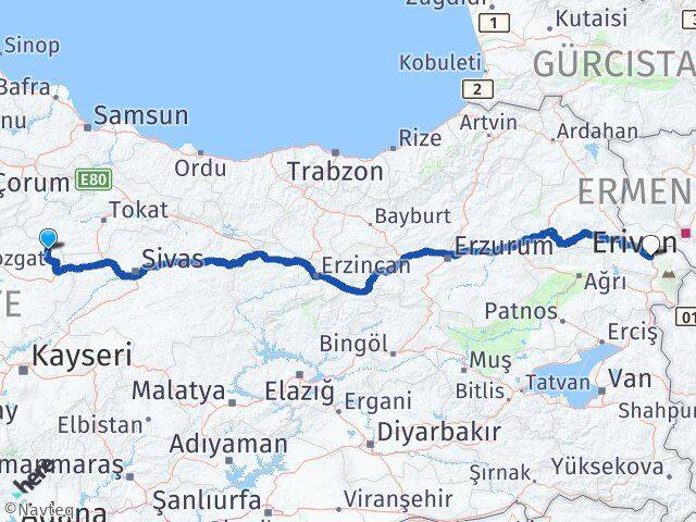 Yozgat Kadışehri Iğdır Arası Kaç Km - Yol Haritası