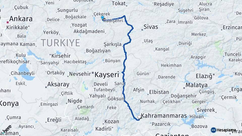Yozgat Kadışehri Kahramanmaraş Arası Kaç Km - Yol Haritası