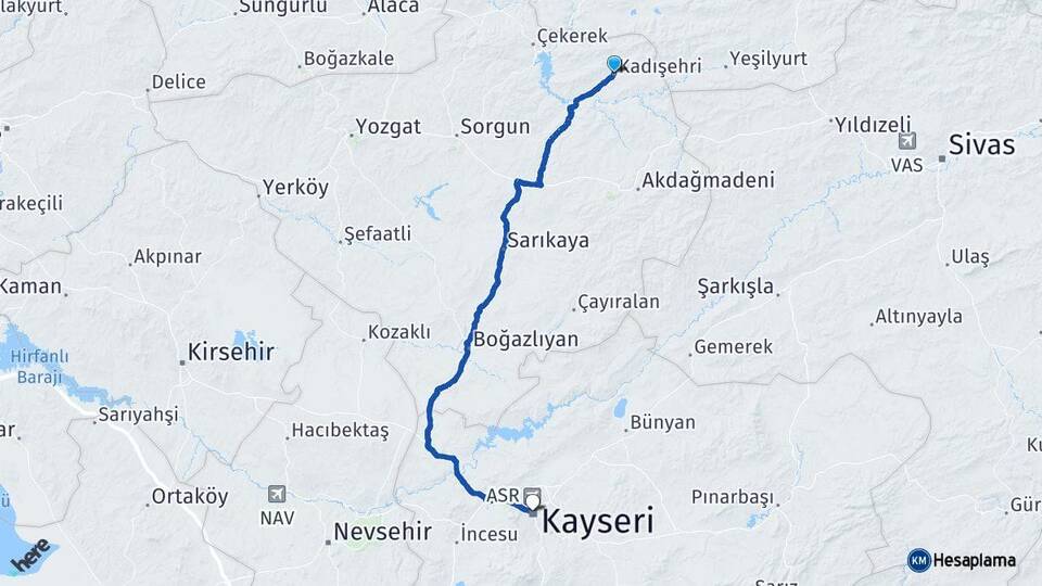 Yozgat Kadışehri Kayseri Arası Kaç Km - Yol Haritası