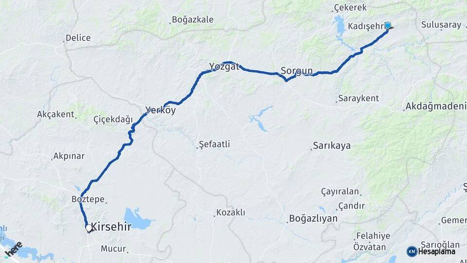 Yozgat Kadışehri Kırşehir Arası Kaç Km - Yol Haritası