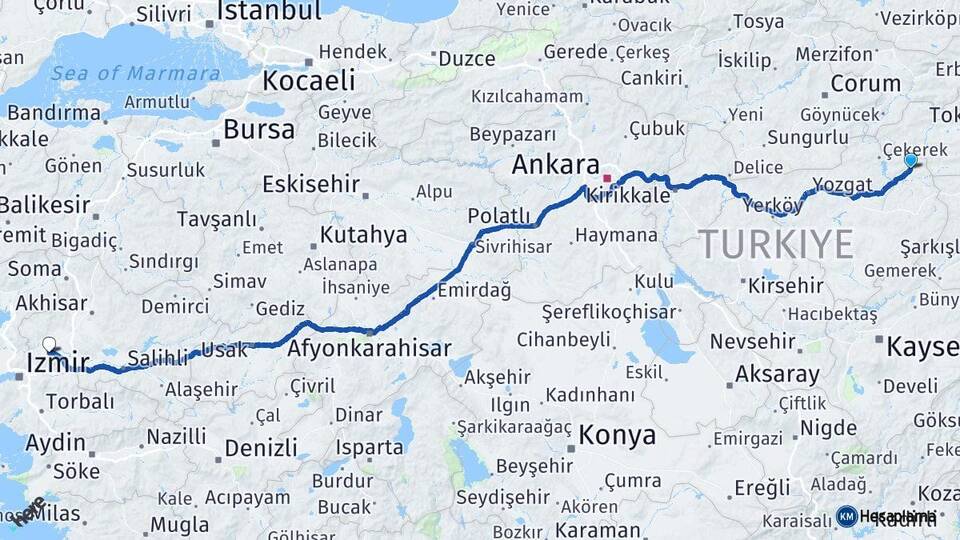 Yozgat Kadışehri Manisa Arası Kaç Km - Yol Haritası