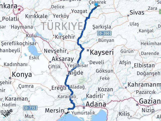 Yozgat Kadışehri Mersin Arası Kaç Km - Yol Haritası