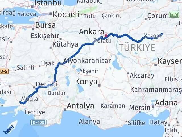 Yozgat Kadışehri Muğla Arası Kaç Km - Yol Haritası