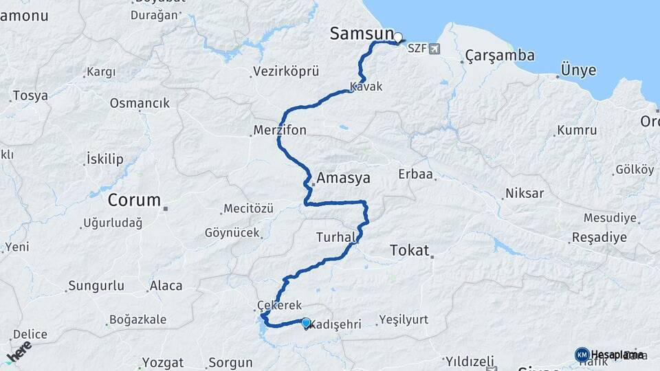 Yozgat Kadışehri Samsun Arası Kaç Km - Yol Haritası
