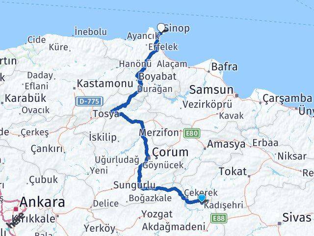 Yozgat Kadışehri Sinop Arası Kaç Km - Yol Haritası
