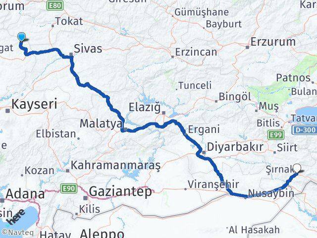 Yozgat Kadışehri Şırnak Arası Kaç Km - Yol Haritası