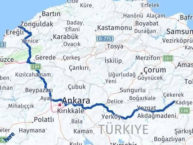 Yozgat Kadışehri Zonguldak Arası Kaç Km - Yol Haritası