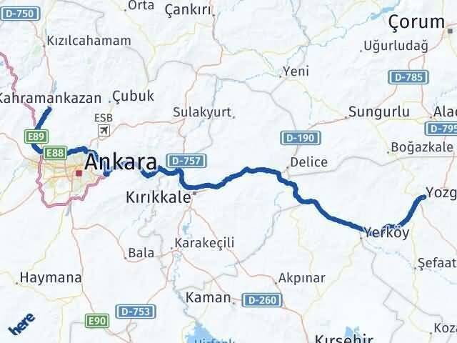 Yozgat Kahramankazan Ankara Arası Kaç Km - Yol Haritası