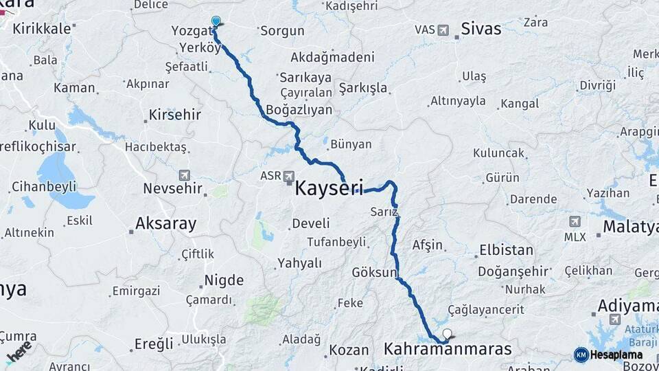 Yozgat Kahramanmaraş Arası Kaç Km - Yol Haritası