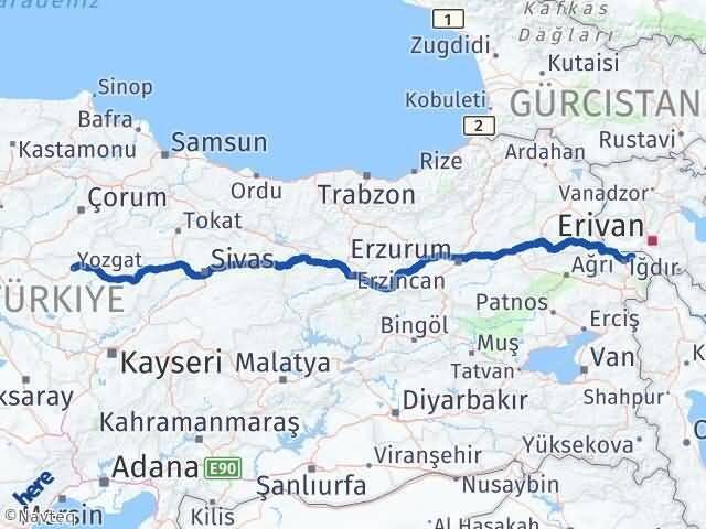 Yozgat Karakoyunlu Iğdır Arası Kaç Km - Yol Haritası