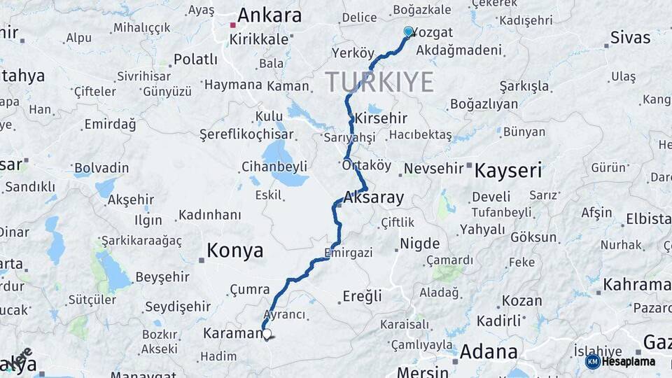 Yozgat Karaman Arası Kaç Km - Yol Haritası