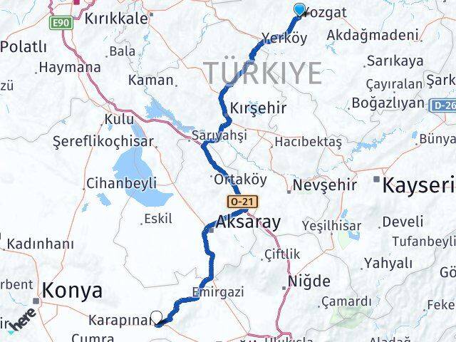 Yozgat Karapınar Konya Arası Kaç Km - Yol Haritası
