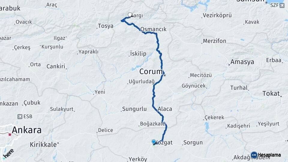 Yozgat Kargı Çorum Arası Kaç Km - Yol Haritası