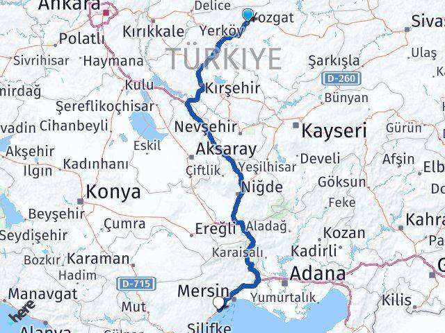 Yozgat Kargıpınarı Erdemli Mersin Arası Kaç Km - Yol Haritası