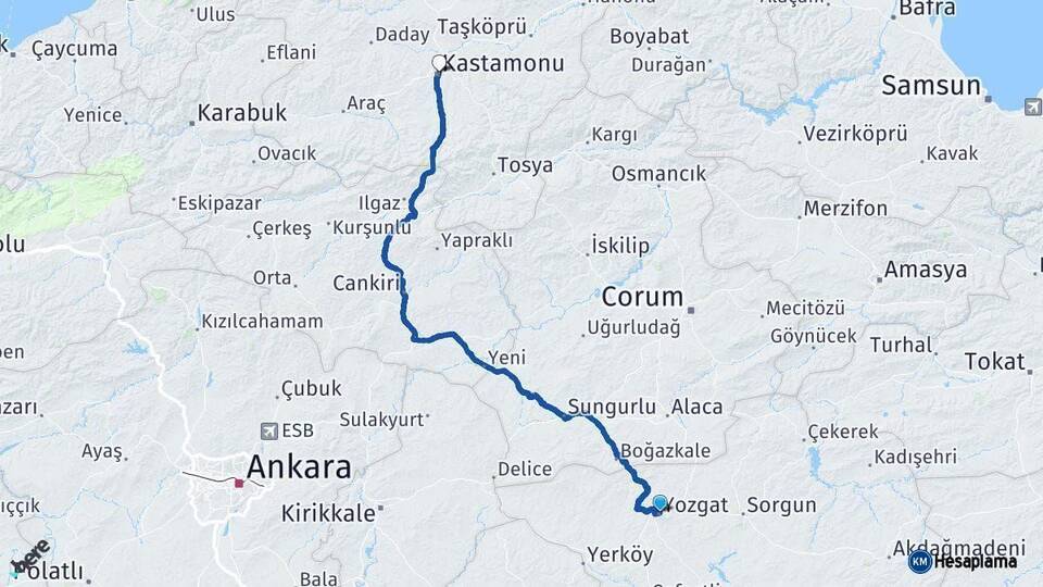 Yozgat Kastamonu Arası Kaç Km - Yol Haritası