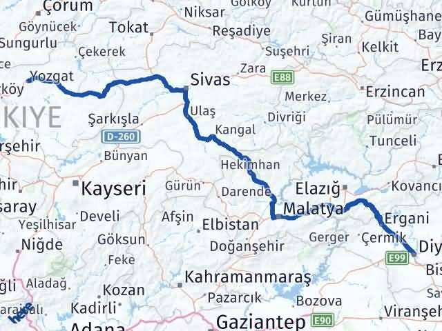 Yozgat Kayapınar Diyarbakır Arası Kaç Km - Yol Haritası