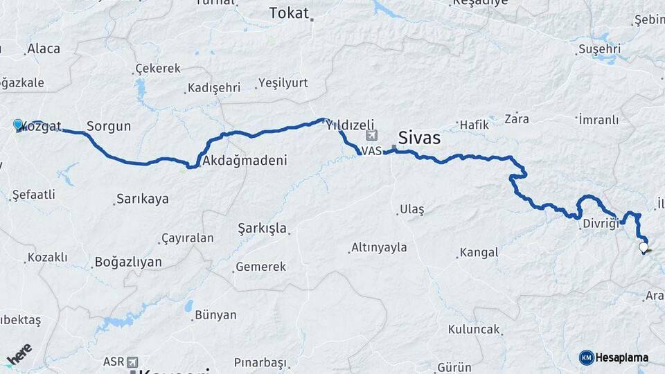 Yozgat Kemaliye Erzincan Arası Kaç Km - Yol Haritası