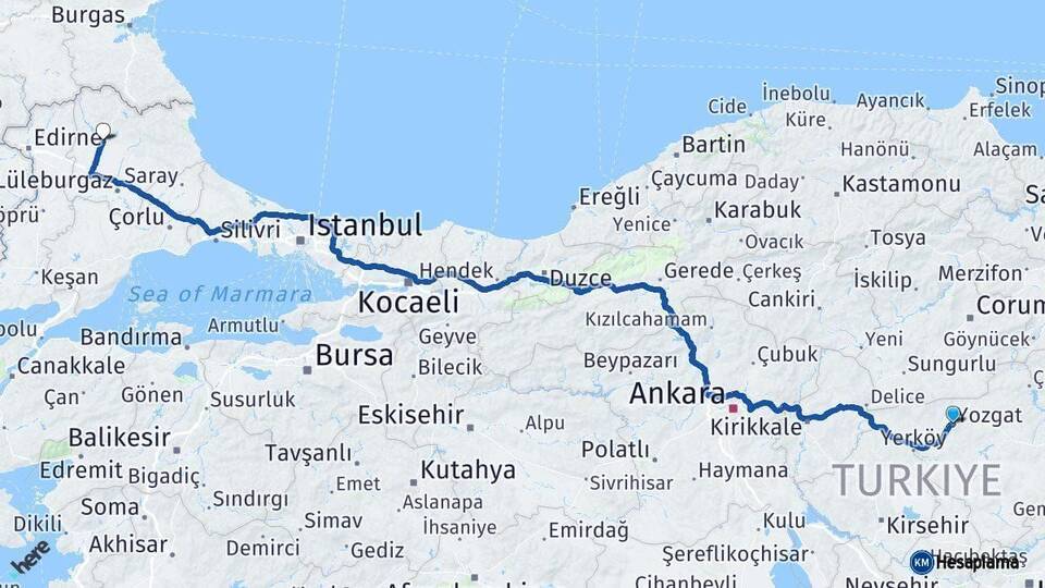 Yozgat Kırklareli Arası Kaç Km - Yol Haritası