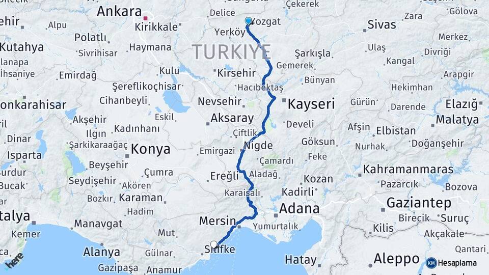 Yozgat Kızkalesi Erdemli Mersin Arası Kaç Km - Yol Haritası