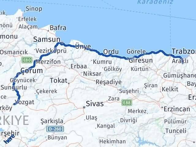 Yozgat Köprübaşı Trabzon Arası Kaç Km - Yol Haritası