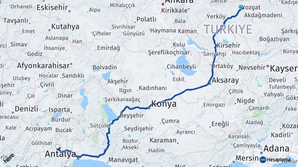 Yozgat Korkuteli Antalya Arası Kaç Km - Yol Haritası
