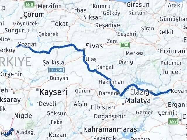 Yozgat Kovancılar Elazığ Arası Kaç Km - Yol Haritası