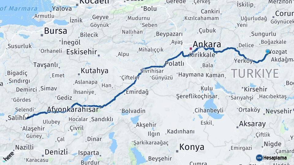 Yozgat Kula Manisa Arası Kaç Km - Yol Haritası