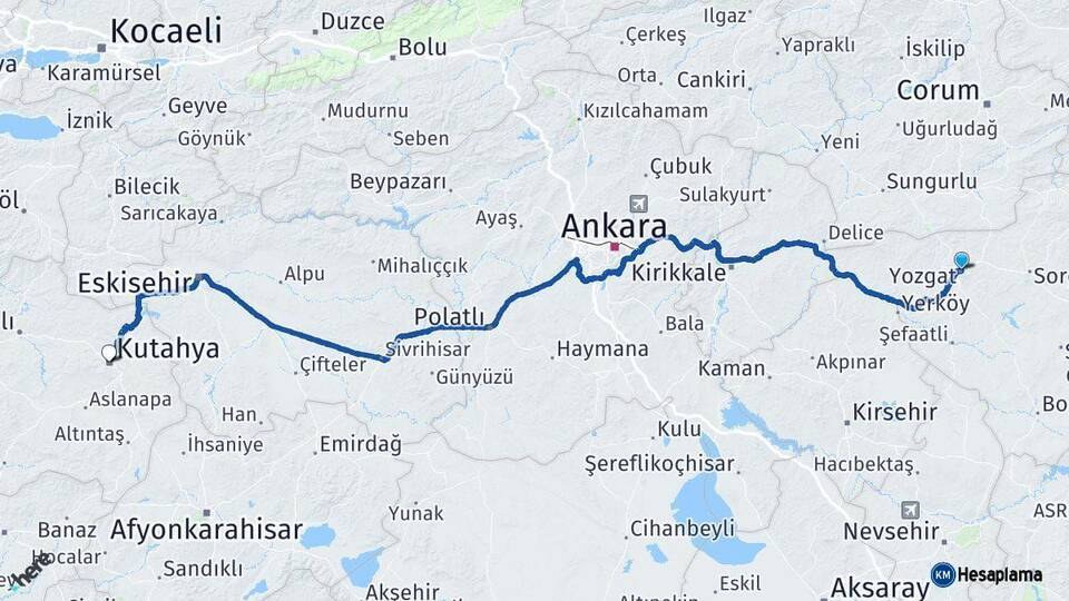 Yozgat Kütahya Arası Kaç Km - Yol Haritası