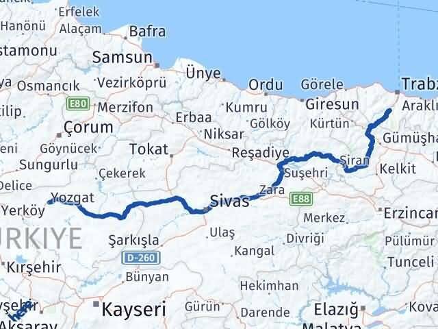 Yozgat Maçka Trabzon Arası Kaç Km - Yol Haritası