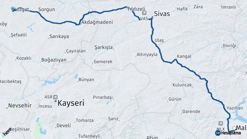 Yozgat Malatya Arası Kaç Km - Yol Haritası
