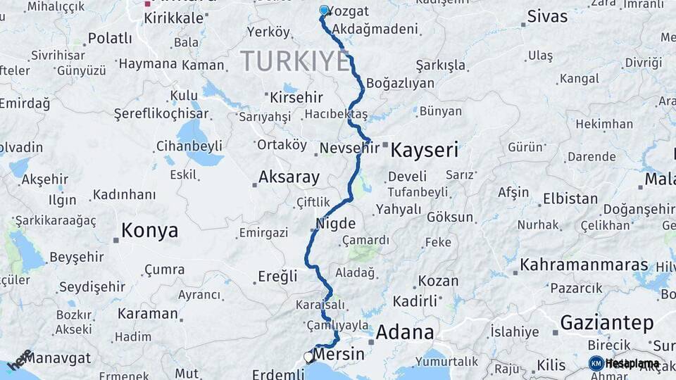 Yozgat Mersin Arası Kaç Km - Yol Haritası
